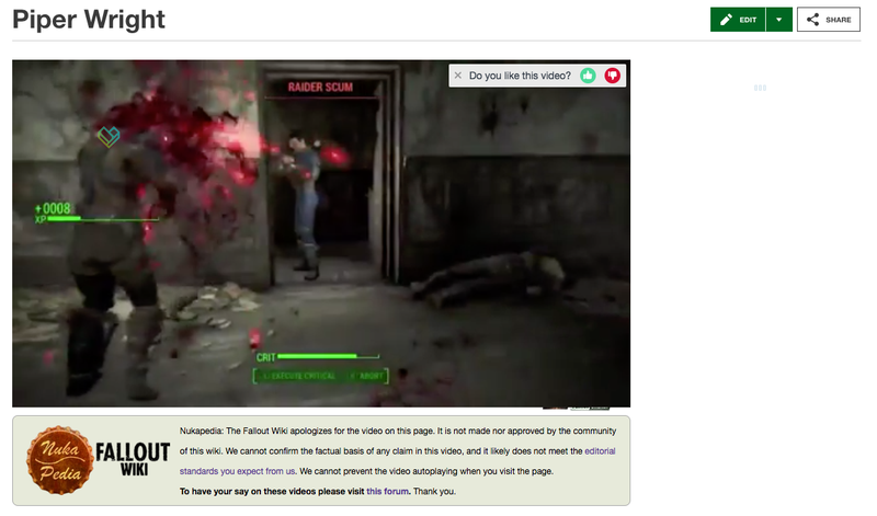 The Nukapedia team ended up creating a frame for each page with video on it, indicating it was made without their consultation or approval.